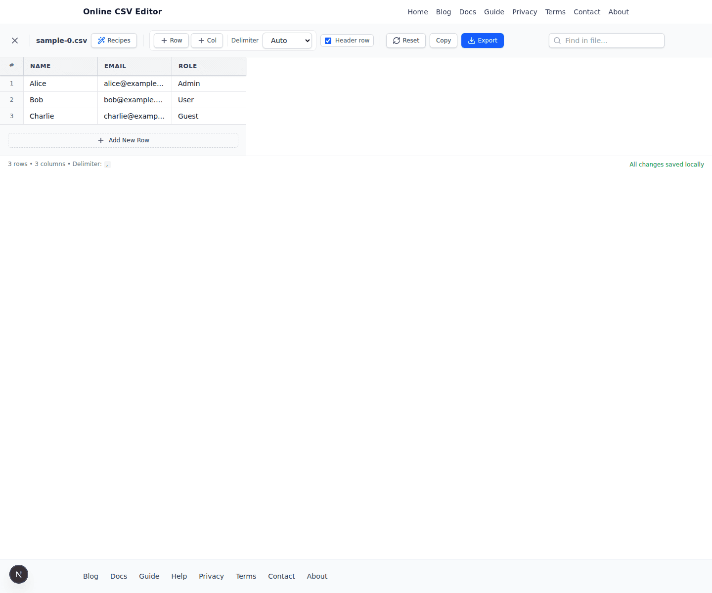 Online CSV Editor with a sample file loaded and the Recipes button visible in the toolbar.