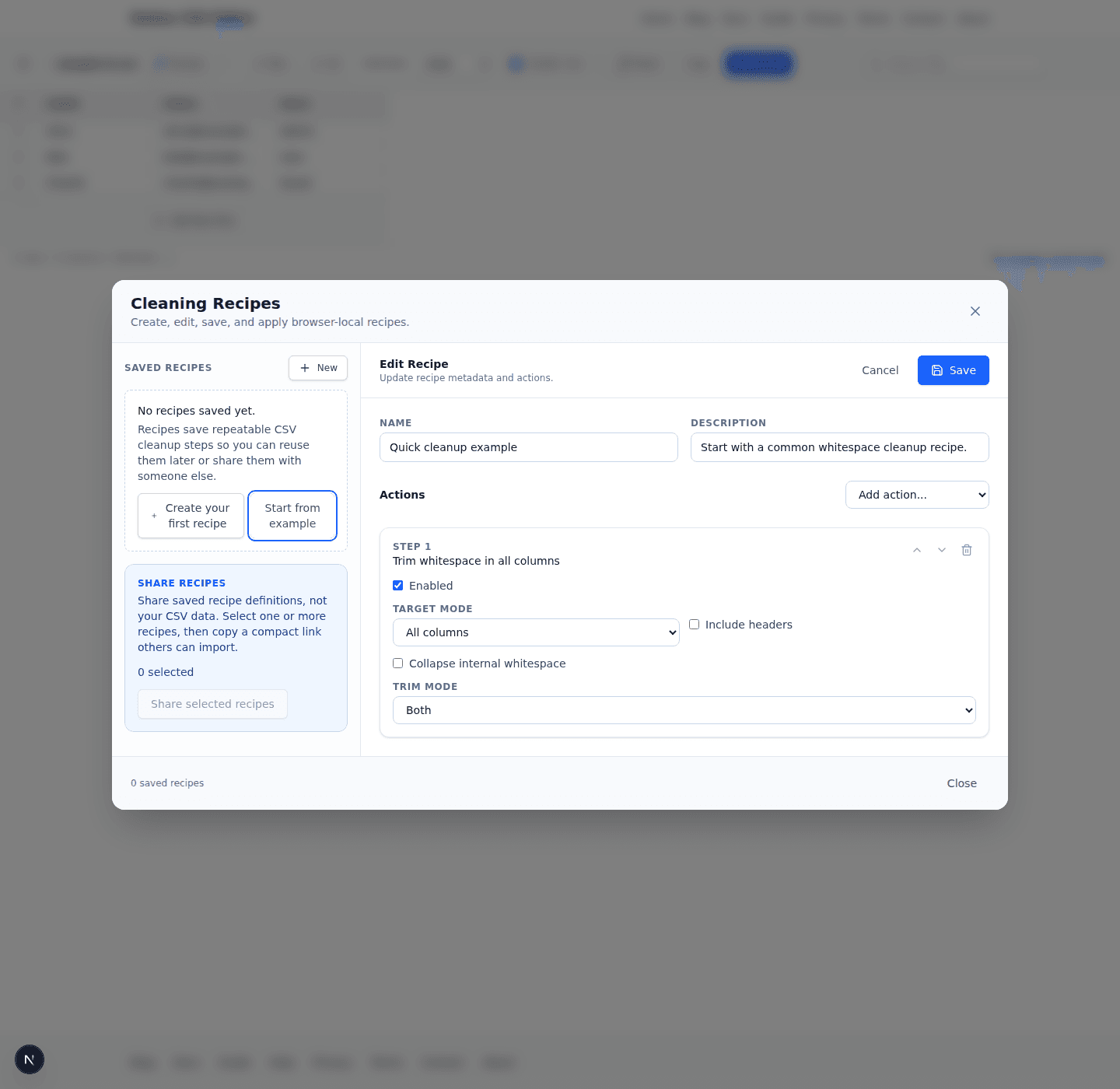 The recipe editor open inside Online CSV Editor with a starter recipe and action settings visible.