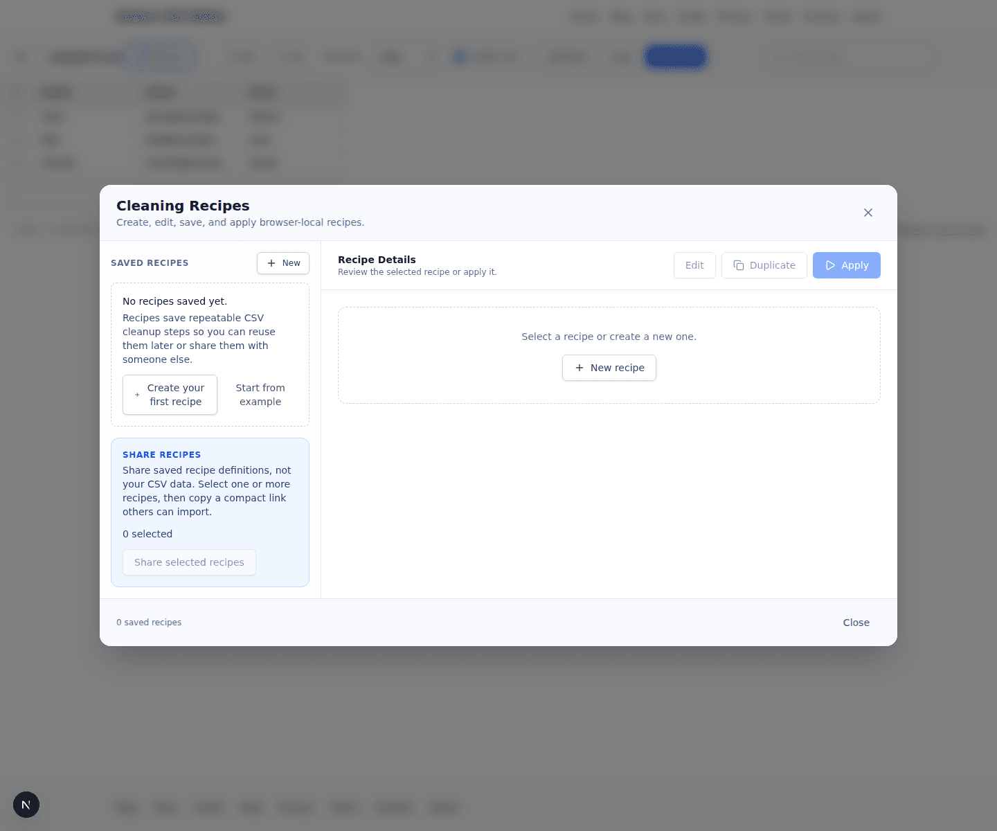 The Cleaning Recipes modal open inside Online CSV Editor, showing saved recipes and actions.